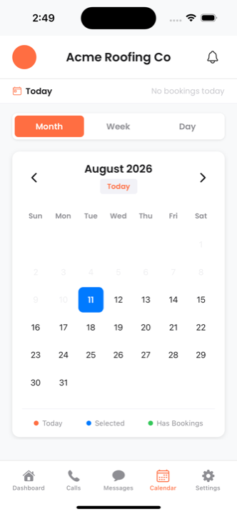Voiceyfy app booking calendar showing the month view with today and booking markers
