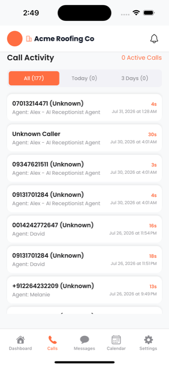 Voiceyfy app call activity log with all, today, and three-day filters
