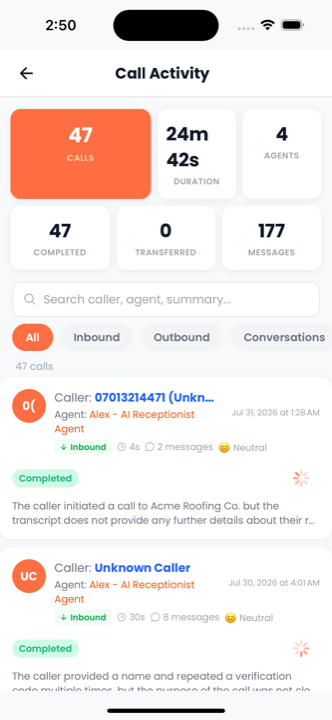 Voiceyfy app call insights screen showing call counts, duration, agents, and inbound and outbound filters