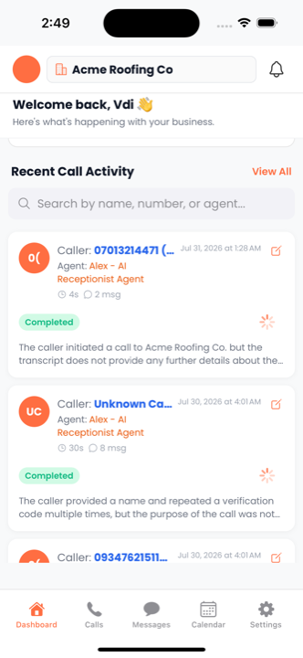 Voiceyfy app recent call activity feed showing completed calls with AI-written summaries