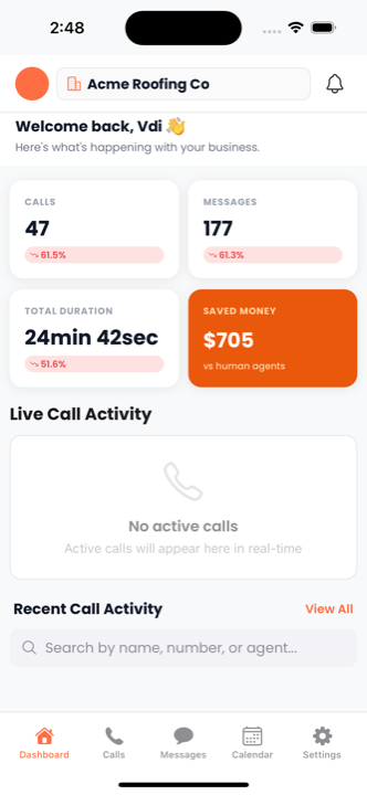 Voiceyfy app dashboard showing calls, messages, total duration, and money saved for Acme Roofing Co