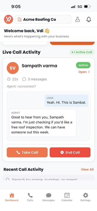 Voiceyfy app dashboard showing one active live call with a running transcript and Take Call and End Call buttons