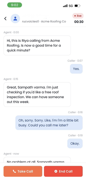 Voiceyfy app live call transcript showing timestamped agent and caller turns during an in-progress call