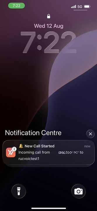 Phone lock screen showing a Voiceyfy push notification that a new call has started