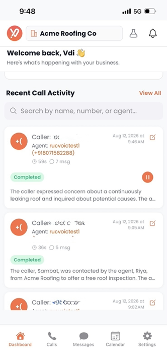 Voiceyfy app call feed with a recording playing back from a completed call card
