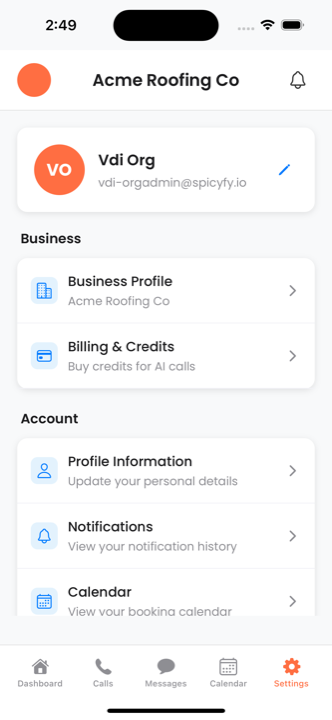 Voiceyfy app settings screen with business profile, billing and credits, and notification history